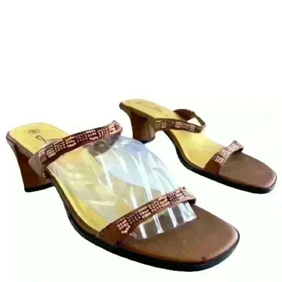 FIONI BROWN SEQUINS HEELED SANDALS  SLIP ON SIZE 9.5 - Picture 1 of 10